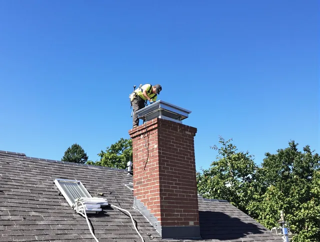 Guilford Chimney Sweep technician measuring a chimney cap in Guilford, CT