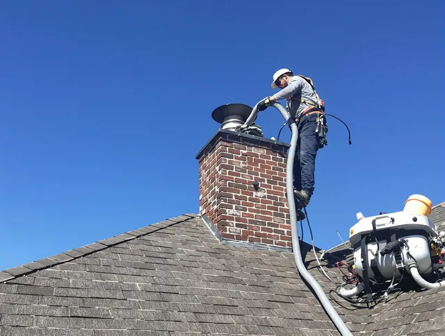 Dedicated Guilford Chimney Sweep team member cleaning a chimney in Guilford, CT