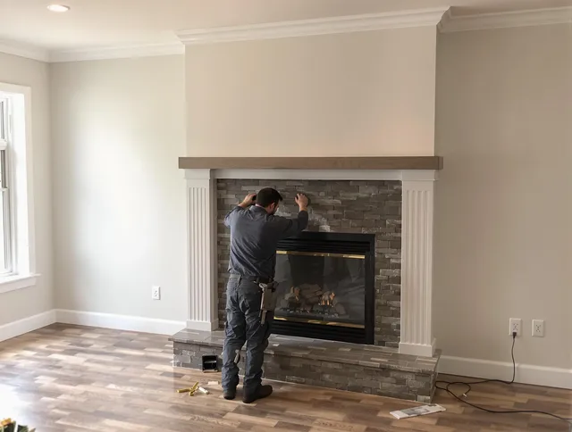 Guilford Chimney Sweep finishing a custom fireplace install in Guilford, CT